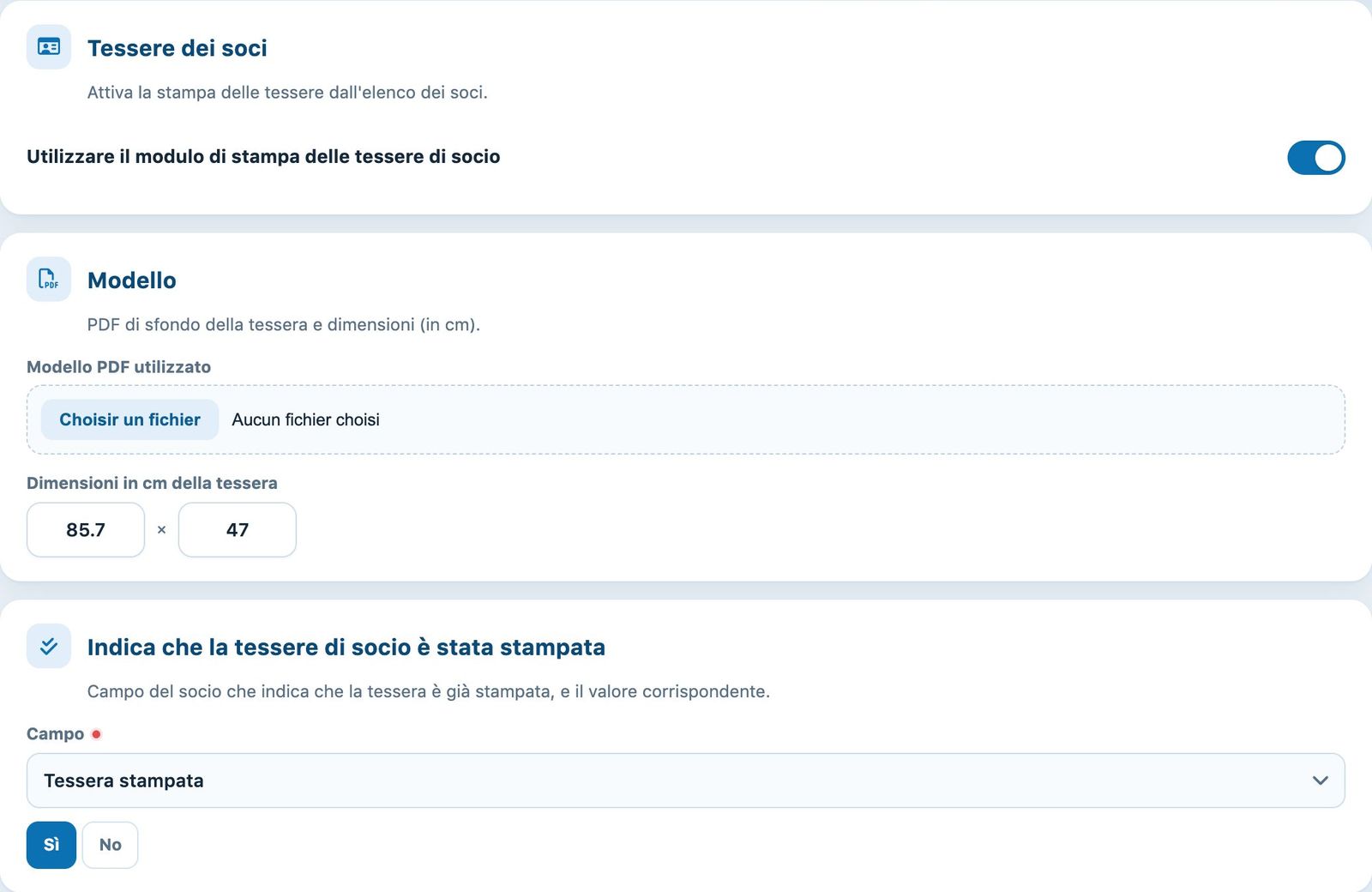 Modulo attivo, modello PDF e campo tessera stampata