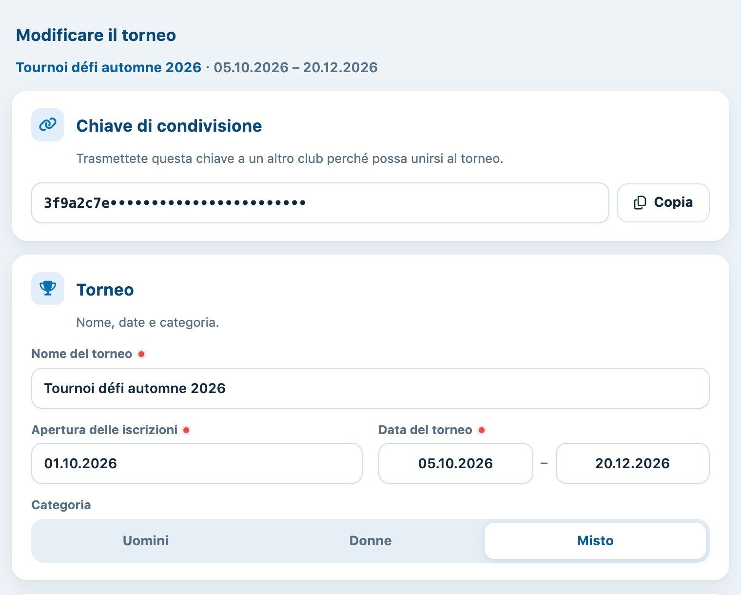 Pannello Modificare il torneo con la chiave di condivisione