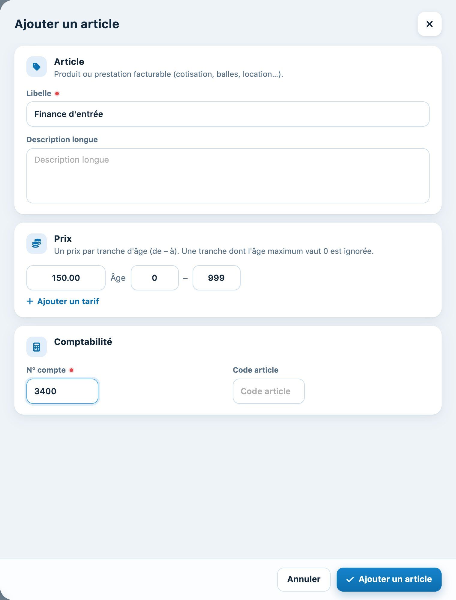 Le panneau « Ajouter un article » avec un prix et un numéro de compte