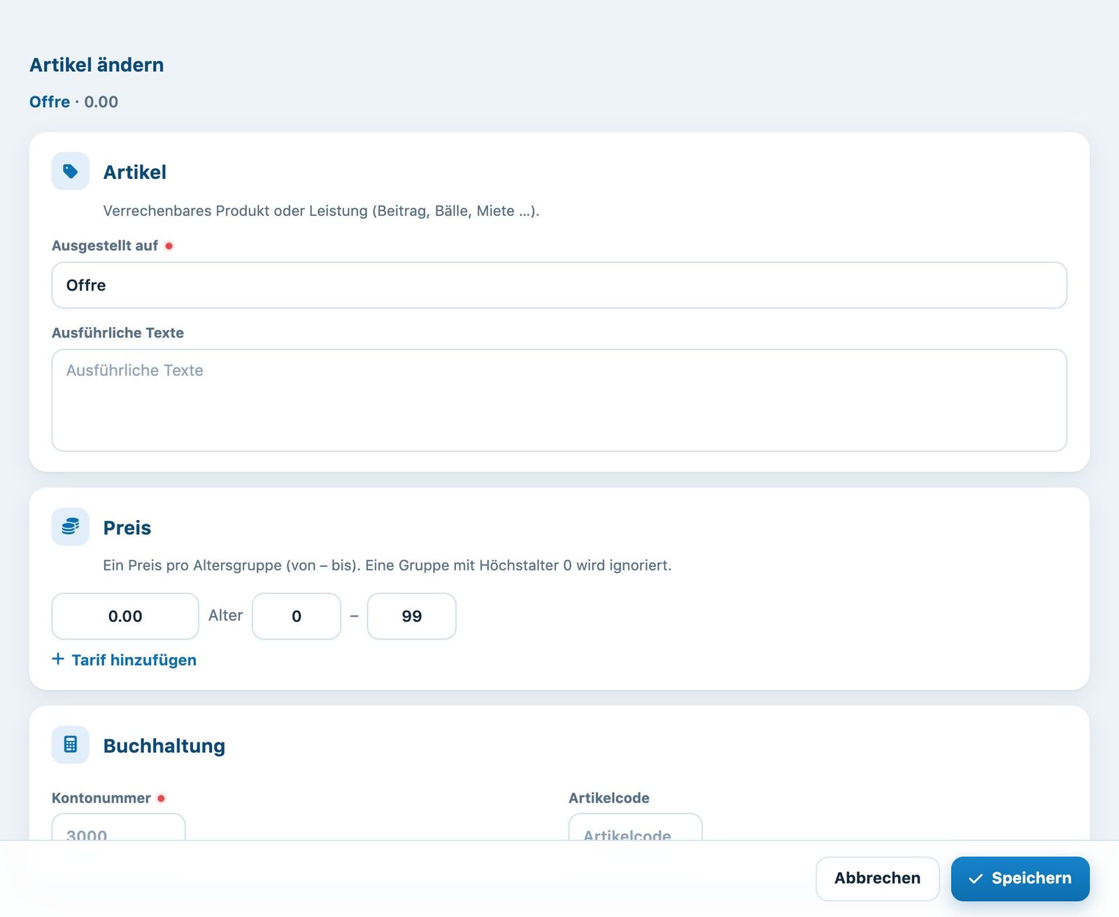 Das Fenster «Artikel ändern»