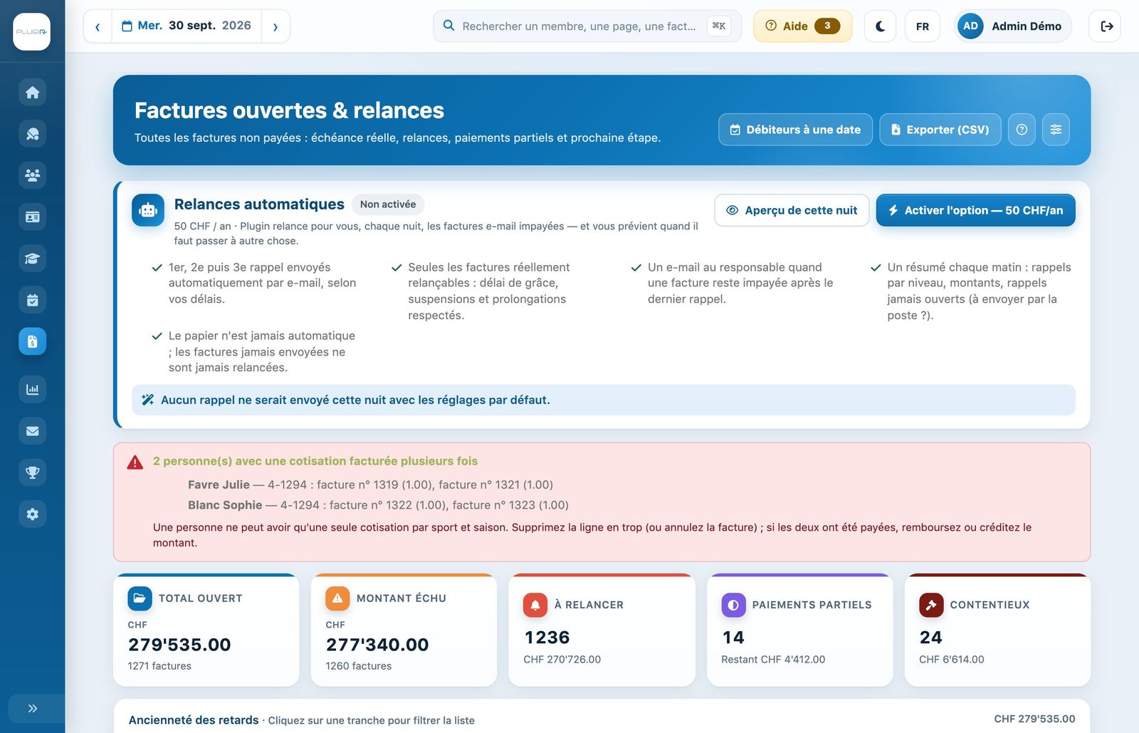 L'encadré « Relances automatiques » en haut de la page