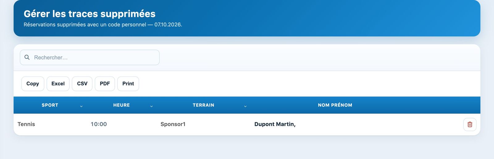 Liste des traces de suppression du jour