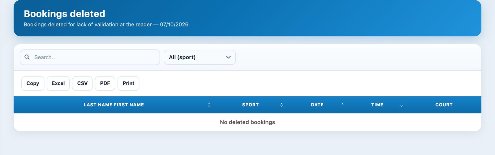 List of bookings deleted for lack of validation