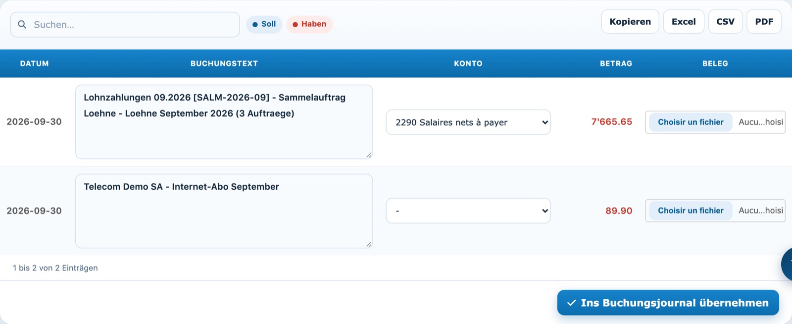 Ein Sammelauftrag über 7665.65, als Lohnzahlung für September erkannt